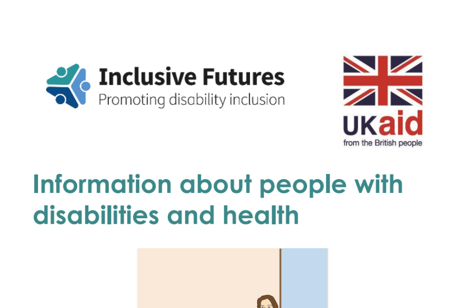 Screenshot showing the first page of the easy read resource, including the inclusive futures and ukaid logo, title and cartoon graphic of a person sitting on chair and another person in a wheelchair talking.  