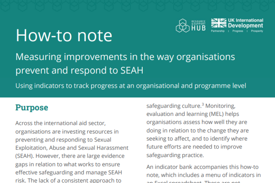 Screenshot showing the first page of the resource, including the resource and support hub logo, ukaid logo, title and purpose of the document. 