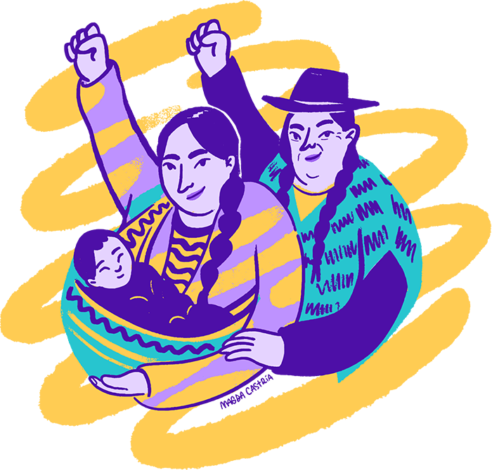 A drawing of two people with raised fists, one carrying a baby.