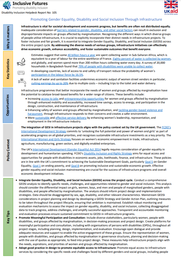 Screenshot showing the first page of the resource, including the title, the inclusive futures and ukaid logo and the subsequent sections. 