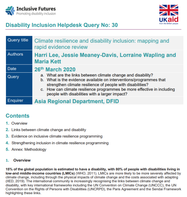 Screenshot showing the first page of the resource, including the inclusive futures and ukaid logo, title, and contents list.