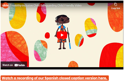 Screenshot showing the thumbnail for the youtube video with a child with a mobility cane, including an option to watch a recording of the Spanish closed caption version. 