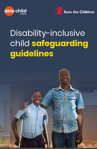 Screenshot showing the able child Africa and save the children logo, the title of the resource, and a child with crutches and an adult. 