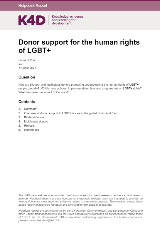 Screenshot showing the first page of the resource, including the knowledge for development logo, title, question and contents. 