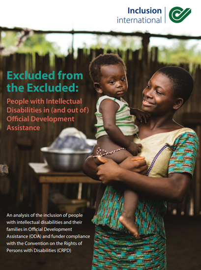 Screenshot showing the cover page of the resource, including the inclusion international logo, report title and a photo of a person holding a child. 