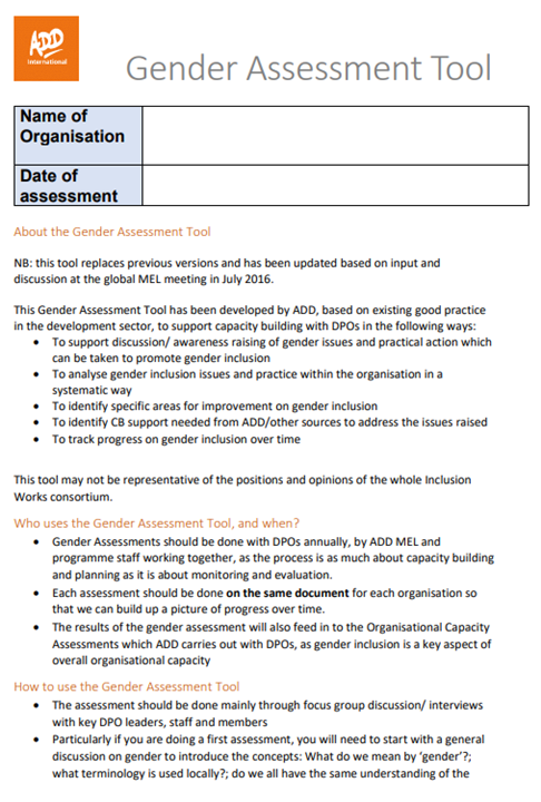 Screenshot showing the first page of the resource, including the action on disability and development international logo, and a description about the tool, who uses the tool and how to use the tool. 