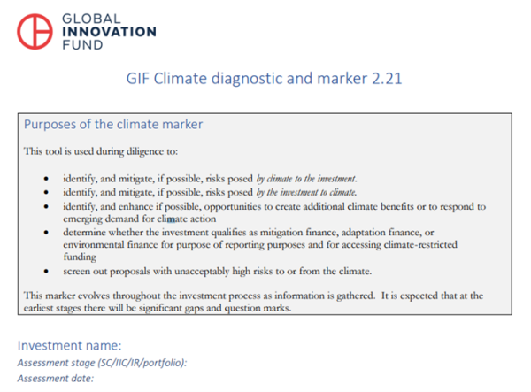 Screenshot showing the first page of the resource, including the global innovation fund logo, title, and a text box containing the purposes of the climate marker. 