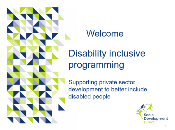 Screenshot showing the first slide of the training including the social development direct logo and title of the resource.