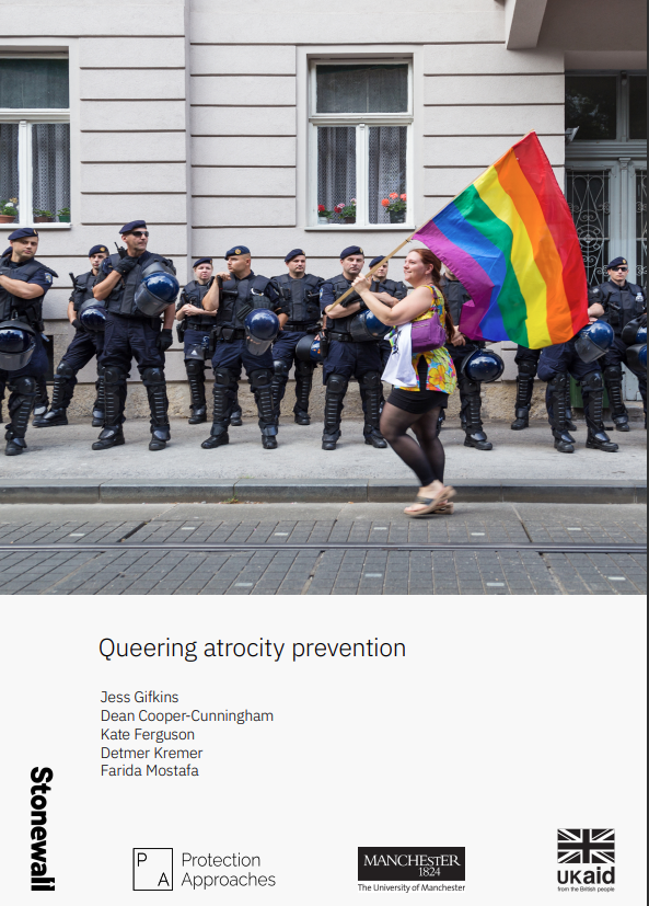 a screenshot of the first page of the resource, showing the title and a photo of a person waving the rainbow flag in front of a line of police.