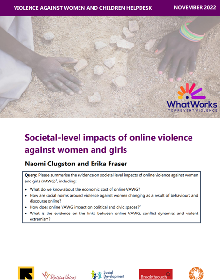 screenshot showing the title page of the resource, including title, irc, raising voices, social development direct, breakthrough and care and what works logos, and a photo of two hands of children playing in the sand with stones.