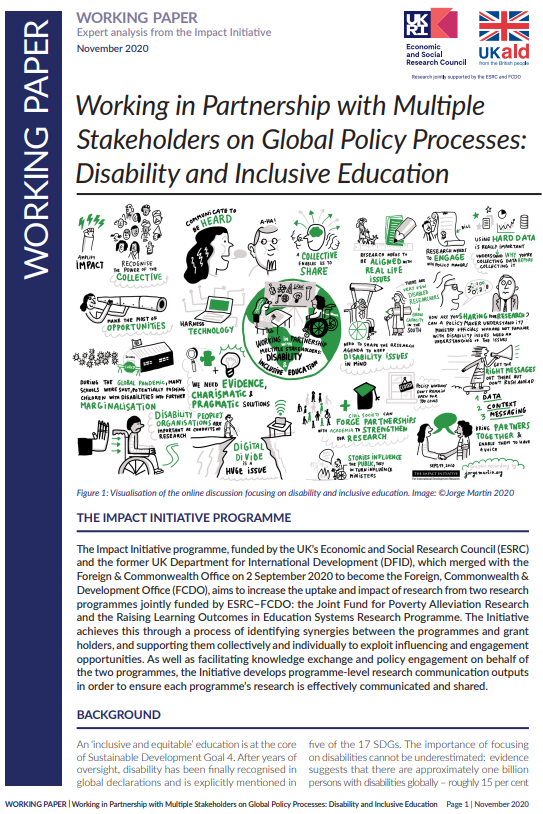 a screenshot of the first page of the resource showing the title, ukaid logo, economic and social research council logo, an introduction and infographic of disability and inclusive education.