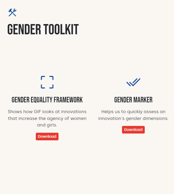 Screenshot showing the global innovation fund gender toolkit, an overview of the four sections in the toolkit with red buttons to download. 