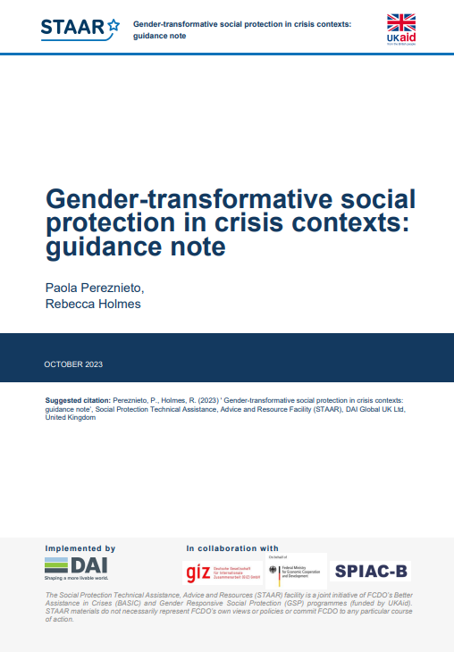 Screenshot showing the first page of the resource, including the social protection technical assistance, advice, and resources facility and ukaid logo, title, authors, date and a suggested citation. 