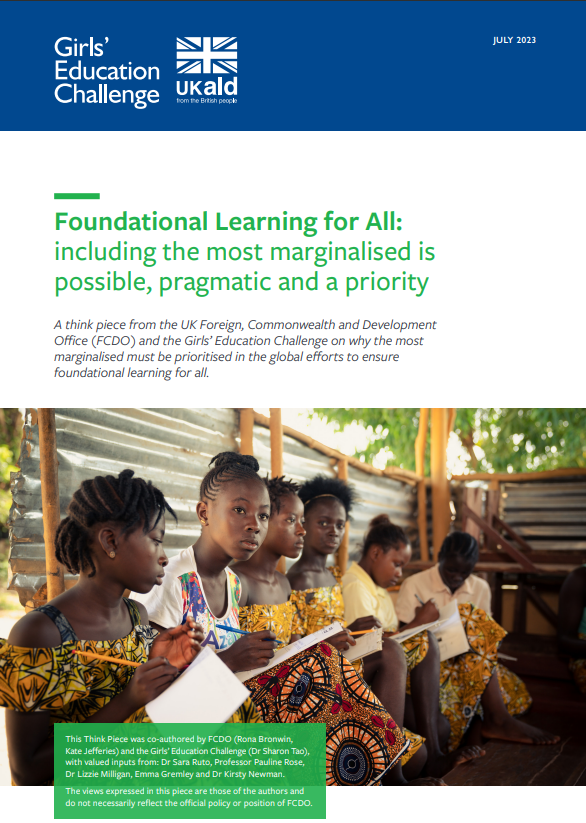 Screenshot showing the cover page of the resource, including the girls’ education challenge logo, ukaid logo, title and a photo of a group of children learning. 