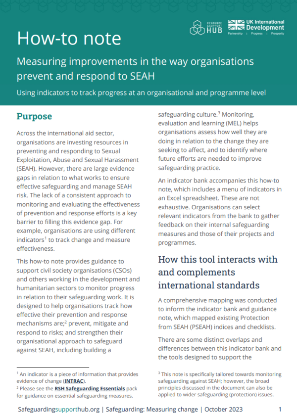 Screenshot showing the first page of the resource, including the resource and support hub logo, ukaid logo, title and purpose of the document. 