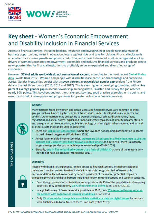 a screenshot of the first page of the resource showing the title, work and opportunities for women logo, ukaid logo and an introduction.