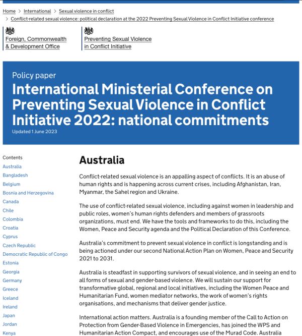 a screenshot of the web page, showing the title and commitments made by one of the countries.