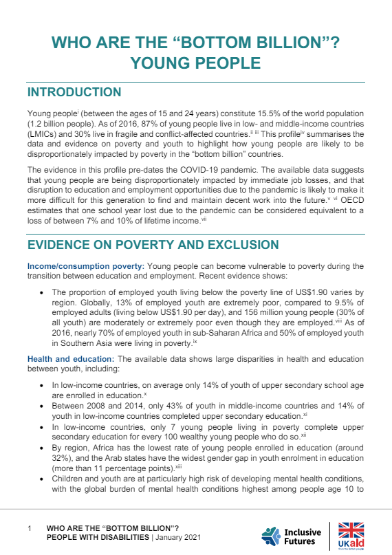 Screenshot showing the first page of the resource, including the title and Inclusive futures and Ukaid logos.