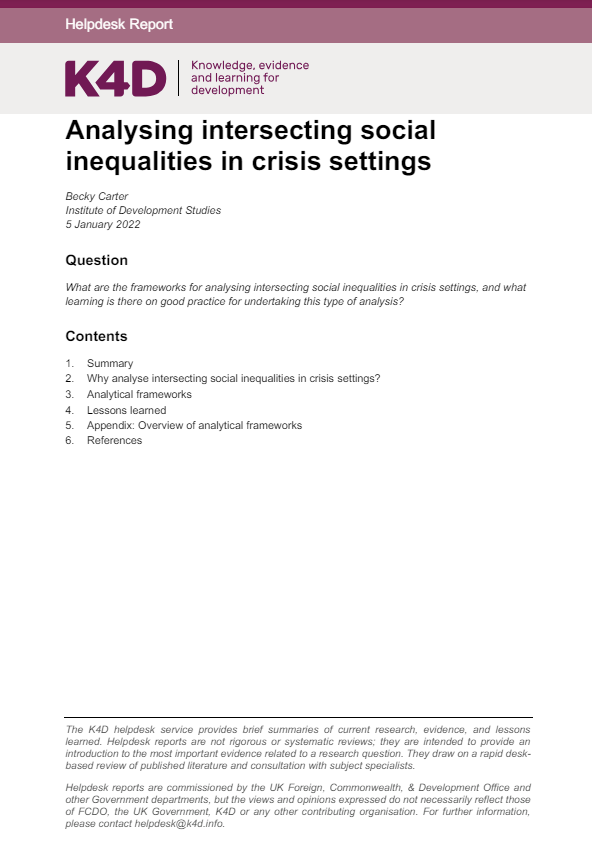 Screenshot showing first page of the resource with knowledge, evidence and learning for development logo, resource title, research question and report contents. 