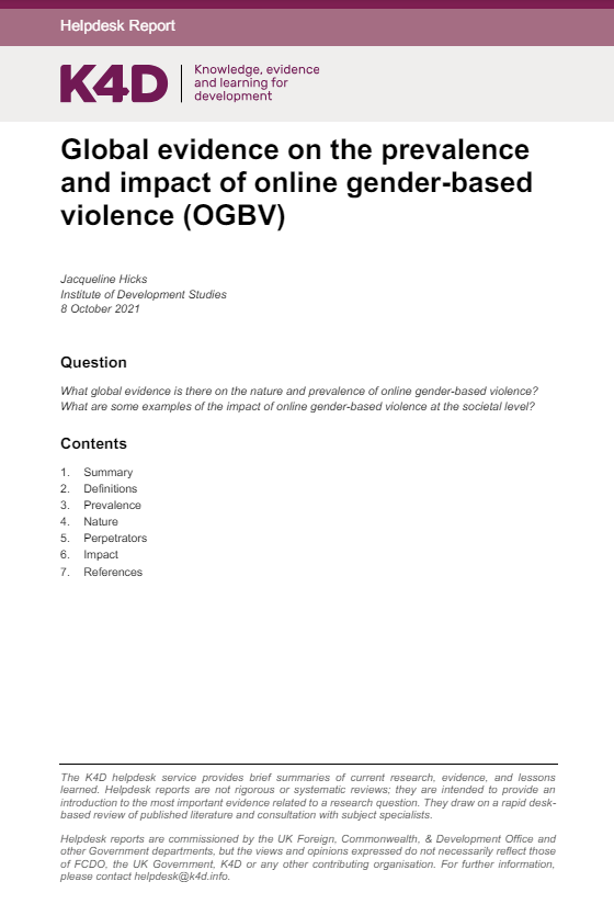 Screenshot showing first page of resource, including knowledge, evidence and learning for development logo, title, author, research question, and contents 