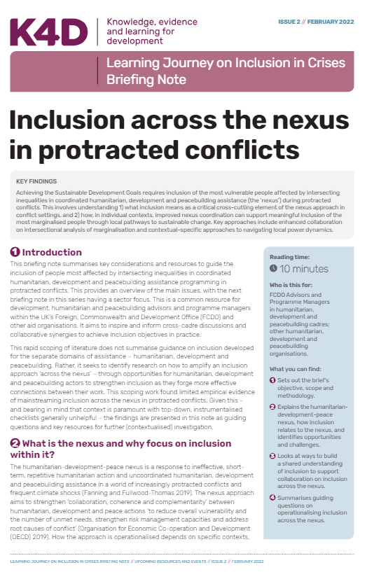 Screenshot showing first page of resource, including knowledge, evidence and learning for development logo, title, introduction and key findings
