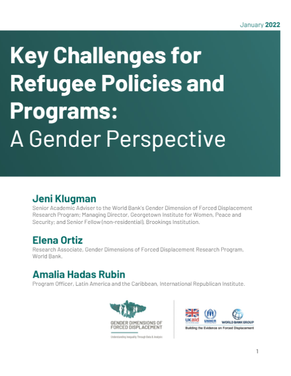 Screenshot showing first page of resource, including title and authors. Also shows gender dimensions of forced displacement logo, the Ukaid logo, the united nations high commissioner for refugees logo and the world bank group logo