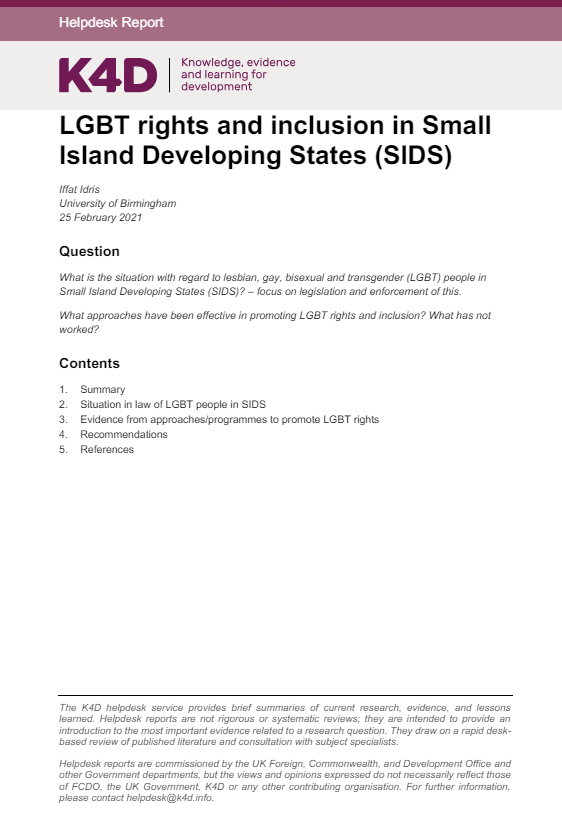 Screenshot showing first page of resource, including knowledge, evidence and learning for development logo, title, introduction and key findings