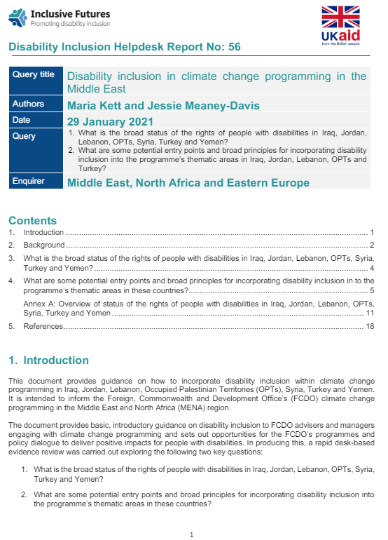 Screenshot showing first page of the resource, including inclusive futures logo and Ukaid logo, the title, authors, date of publication, query questions, and enquiry. It also shows the outline of contents and the first part of the introduction. 