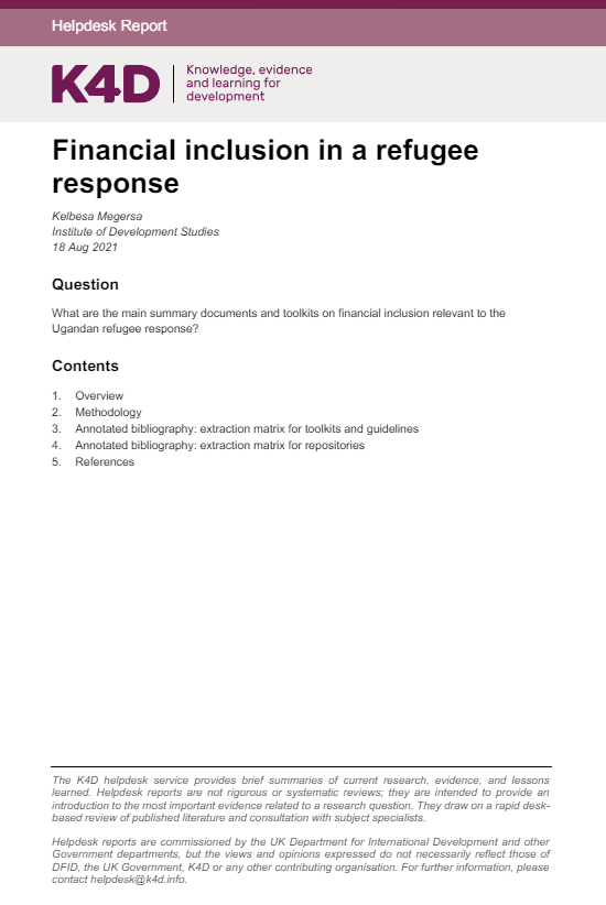 Screenshot showing first page of the resource, including knowledge, evidence and learning for development logo, resource title, author, research question, and outline of contents