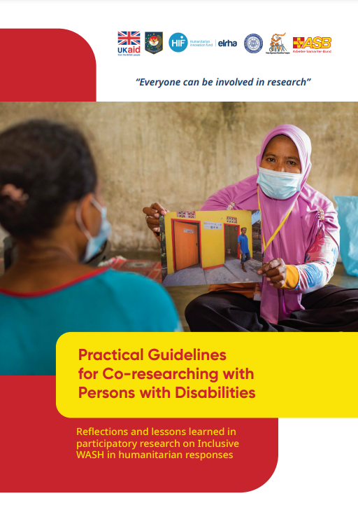 a screenshot of the first page of the resource, showing a photo of a person in the headscarf and facemask presenting a photo of a toilet building, the title and publishers’ and ukaid logos.