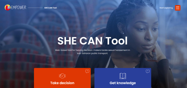 a screenshot from the home page of the tool, showing the title, navigation buttons and a photo of a woman sitting on a public transport.