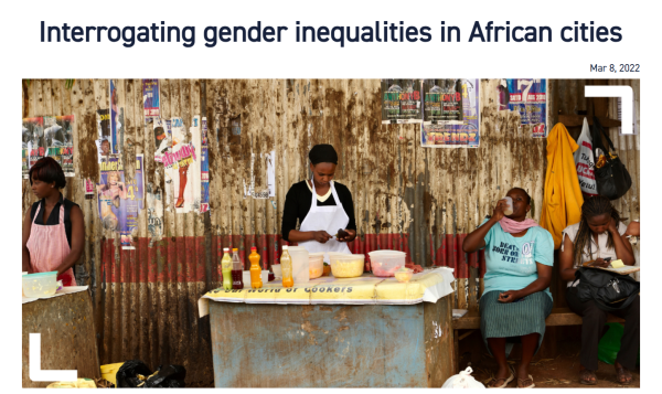 a screenshot showing the title of the podcast, the date of publication and a photo of women selling food, sitting on a bench reading and drinking.