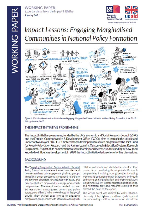 a screenshot of the first page of the resource, showing the title, a visual representation of an online discussion showing people conducting various community engagement activities, and the publishers’ and ukaid logos.