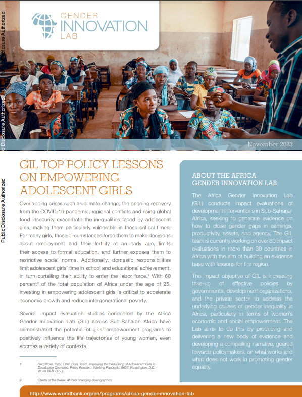 screenshot of first page of resource, including gender innovation lab logo, a photograph of children sitting in desks in a classroom, the resource title and body of text 
