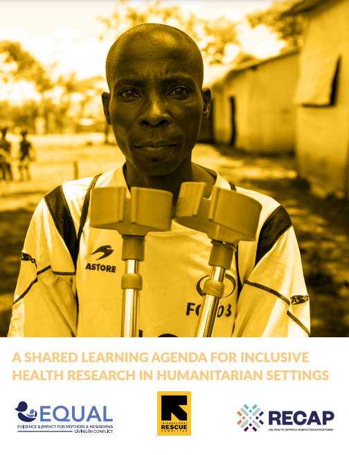 a screenshot of the title page of the report, showing the title, the commissioner’s and publisher’s and associated project’s (RECAP) logos, and a sepia-tinted photo portrait of a black middle-aged man with two crutches.