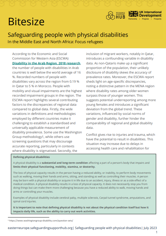 a screenshot of the first page of the resource, showing the title, text and logos of the safeguarding resource and support hub and ukaid.