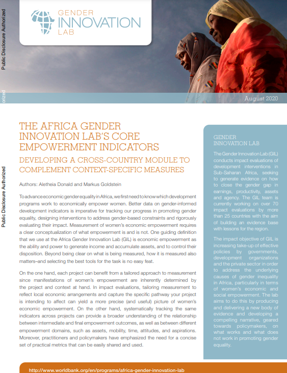 a screenshot of the first page of the resource, showing the title, text, logo of the gender innovation lab and a photo of two women wearing headscarves.