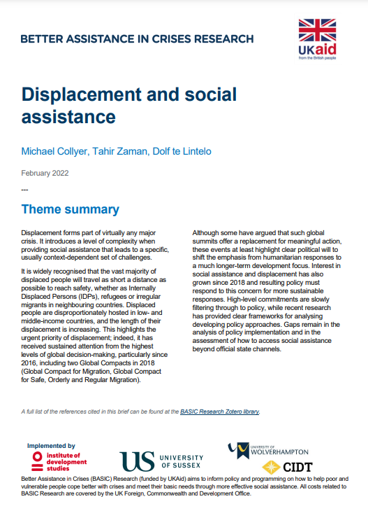 A screenshot of the title page of the report, showing the title, UK Aid logo at the top, followed by a narrative theme summary of the document, and IDS, University of Sussex, and University of Wolverhampton’s Centre for International Development and Training’s  logos at the bottom.