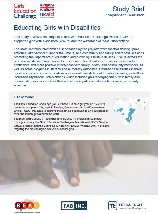 A screenshot of the title page, showing the study title, Publisher’s and UK Aid logos at the top left corner, a heat map of the study countries, an image of a young child’s hands reading something in braille, representing children with disabilities in education settings in the Global South.