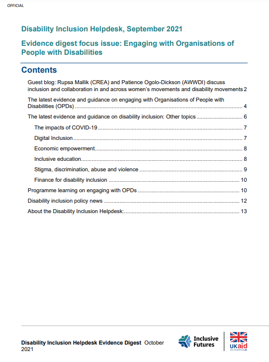 A screenshot of the title page of the evidence digest, showing the title, table of content, publisher’s and UK Aid logo at the bottom. 