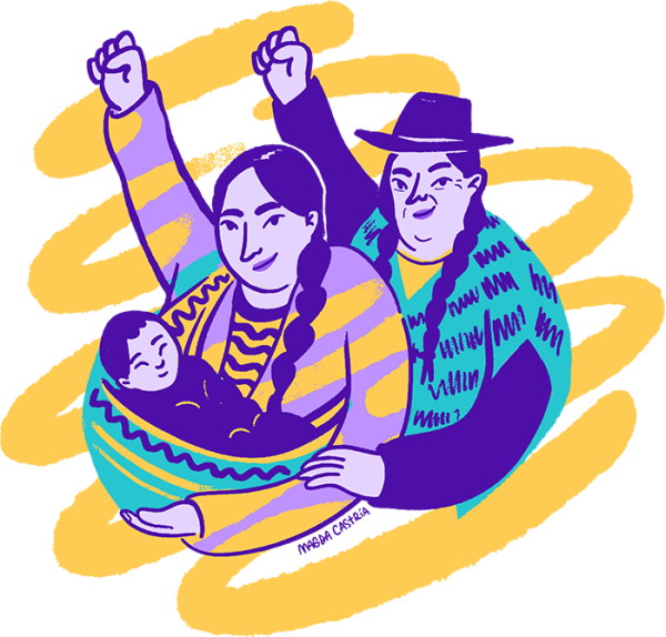 A drawing of two people with raised fists, one carrying a baby.