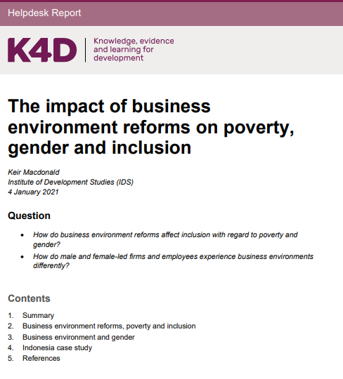 screenshot of first page of resource, including knowledge, evidence, and learning for development helpdesk logo, title, author, and research questions