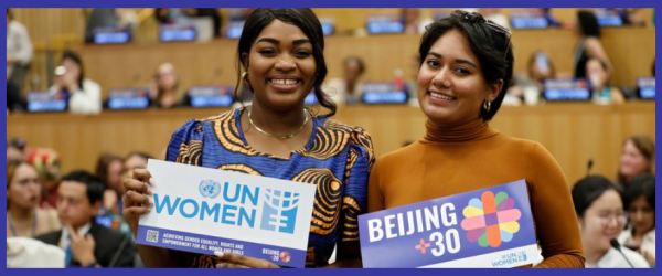 a screenshot of the conference registration page, showing a photo of two people holding signs with un women's logo and beijing +30