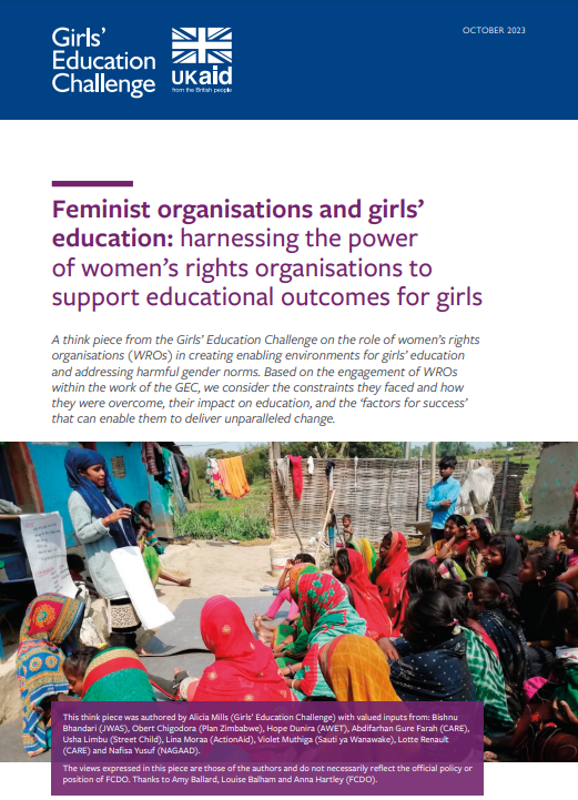 A screenshot of the title page, showing the title, Girls’ Education Challenge and ukaid logos, date of publication, an image of a woman speaking to a group of women , and author details.