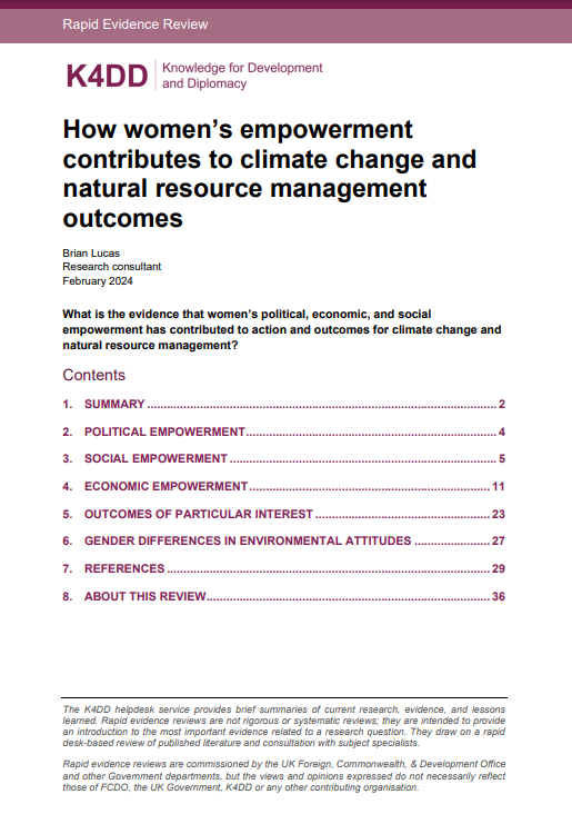 A screenshot of the title page, showing the title, knowledge for development and diplomacy (K4DD) helpdesk logo, author and publication details, followed by a table of contents.