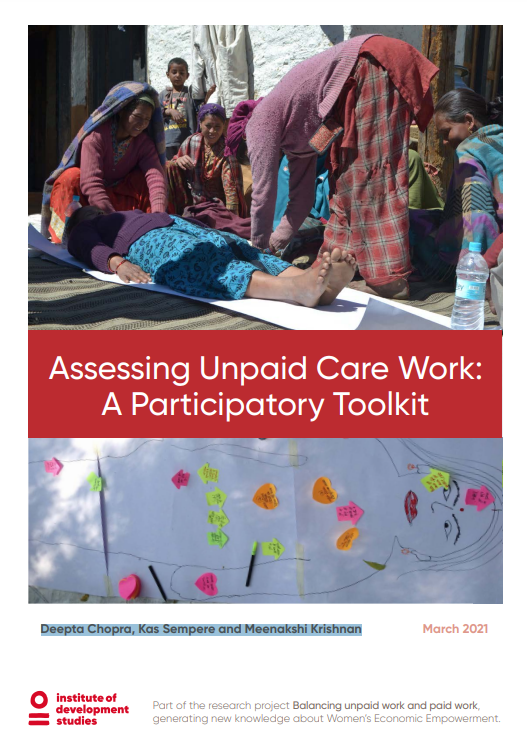A screenshot of the resource page, showing the title, an image of women participating in a Care Body Map activity in Nepal, a second image of a Body Map, author and publication details and publisher’s logo.
