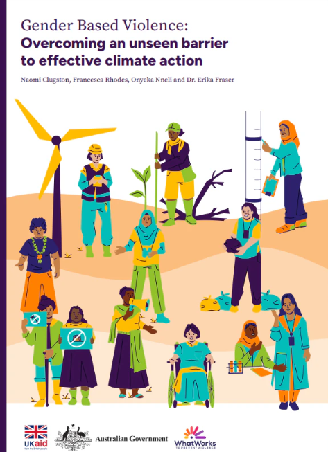 Screenshot showing the title page of the report, including the title, authors, logos for UKaid, Australian government and what works to prevent violence,  and different graphics of women working in climate action jobs. 