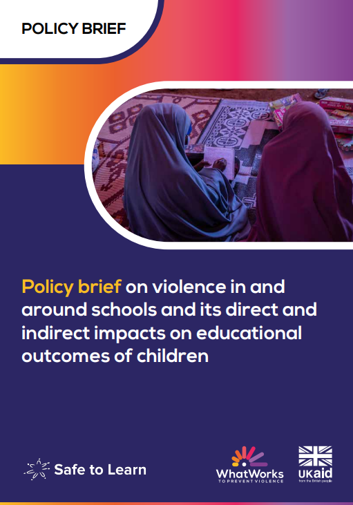 Screenshot showing the title page of the policy brief, including the title, a picture of two girls learning, and the logos for safe to learn, what works to prevent violence and UKaid 