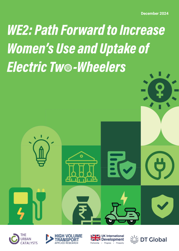 Screenshot showing title page of resource, including title, date, logos for the urban catalyst, high volume transport, UKaid, and DT global, with graphics of a lightbulb, an electric vehicle charging point and an electric moped.  
