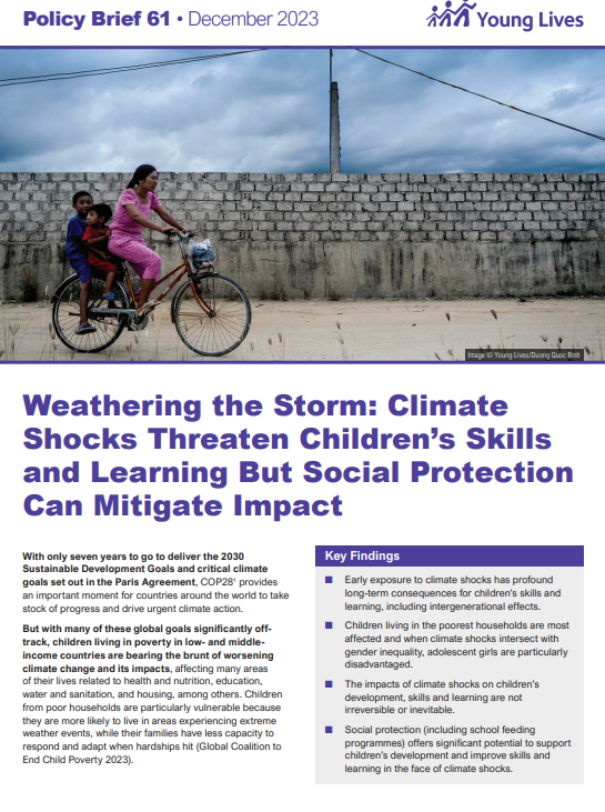 screenshot showing the first page of the report, showing the date, young lives logo, title, key findings box and a picture of a woman riding a bicycle with two children on the back 